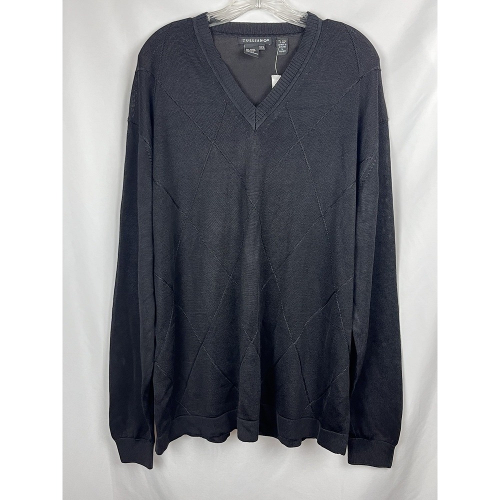Vintage 90s Tulliano Men's XXL V-Neck Sweater Black Argyle Texture Old Money NWT